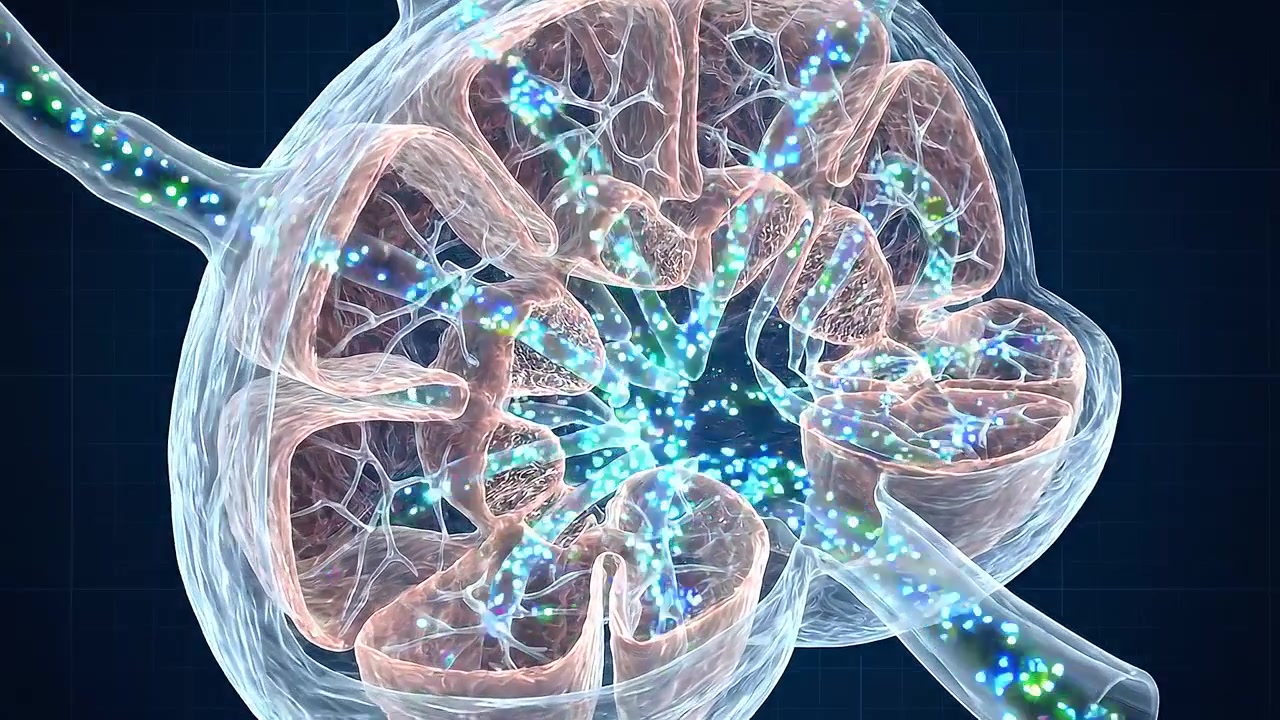 Transparent kidney glomerulus showing capillary network in microscopic view