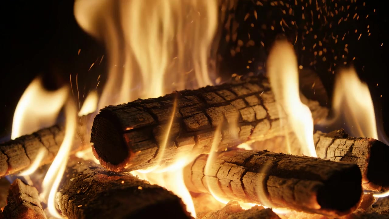 Brændende stak af kløvede træstammer viser flammer, der svulmer fra glødende gløder mod en mørk baggrund.