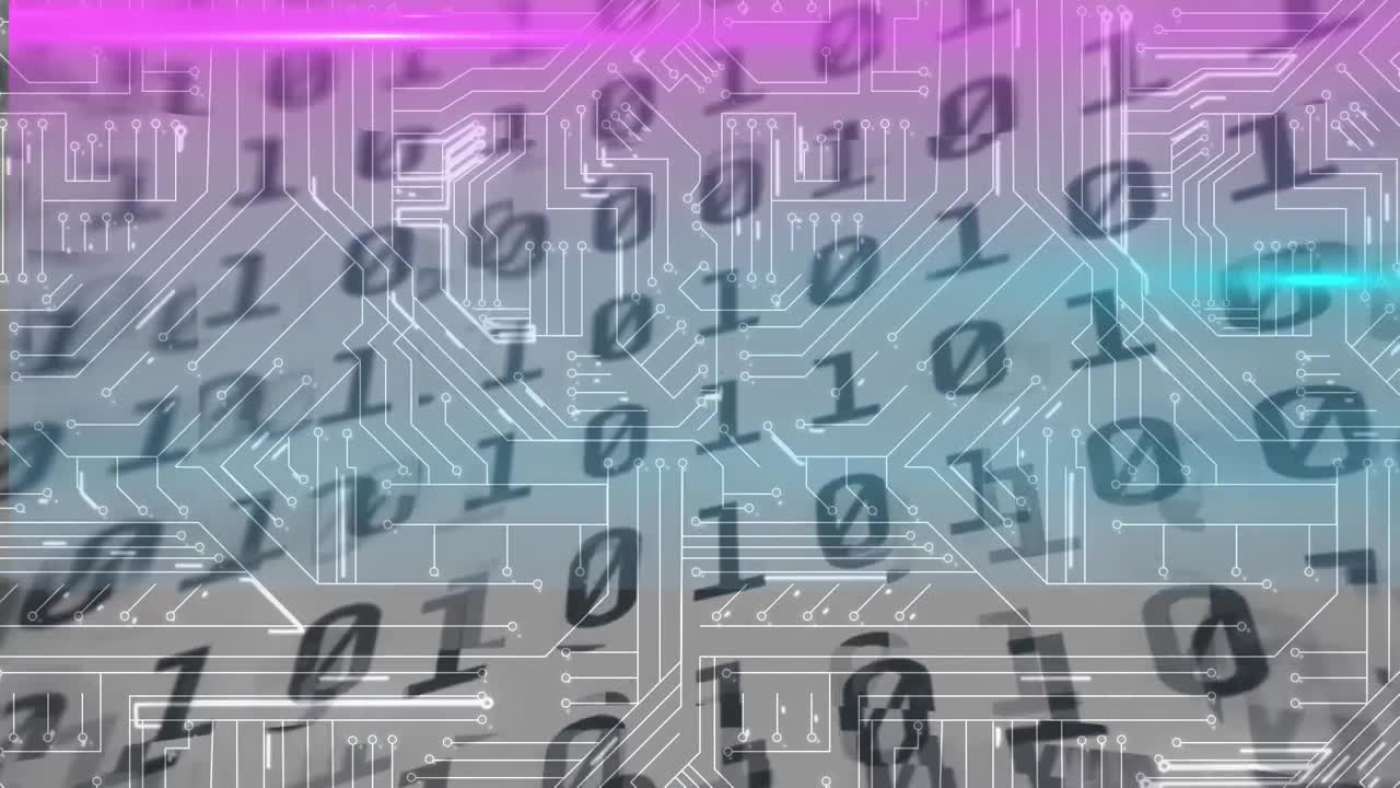 Animation of binary coding, data processing over glowing computer circuit board