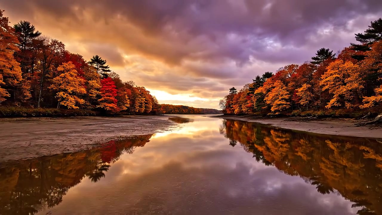 Vibrant Autumn Foliage Reflecting in River at Sunset