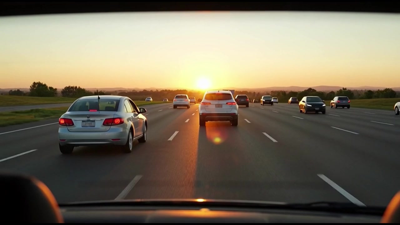 Jazda autostradą w kierunku zachodu słońca