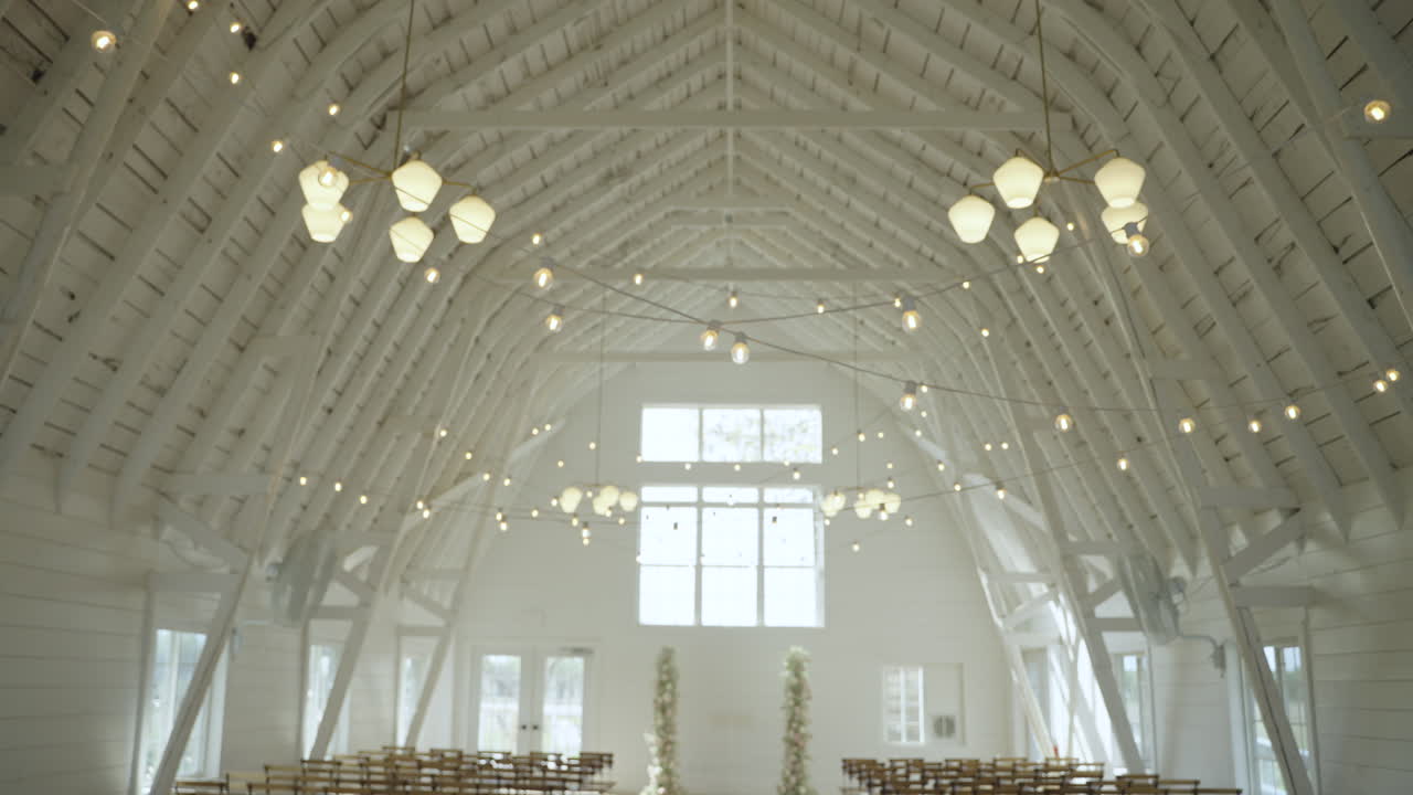 Bright White Elegant Wedding Barn Interior Setup for a Ceremony