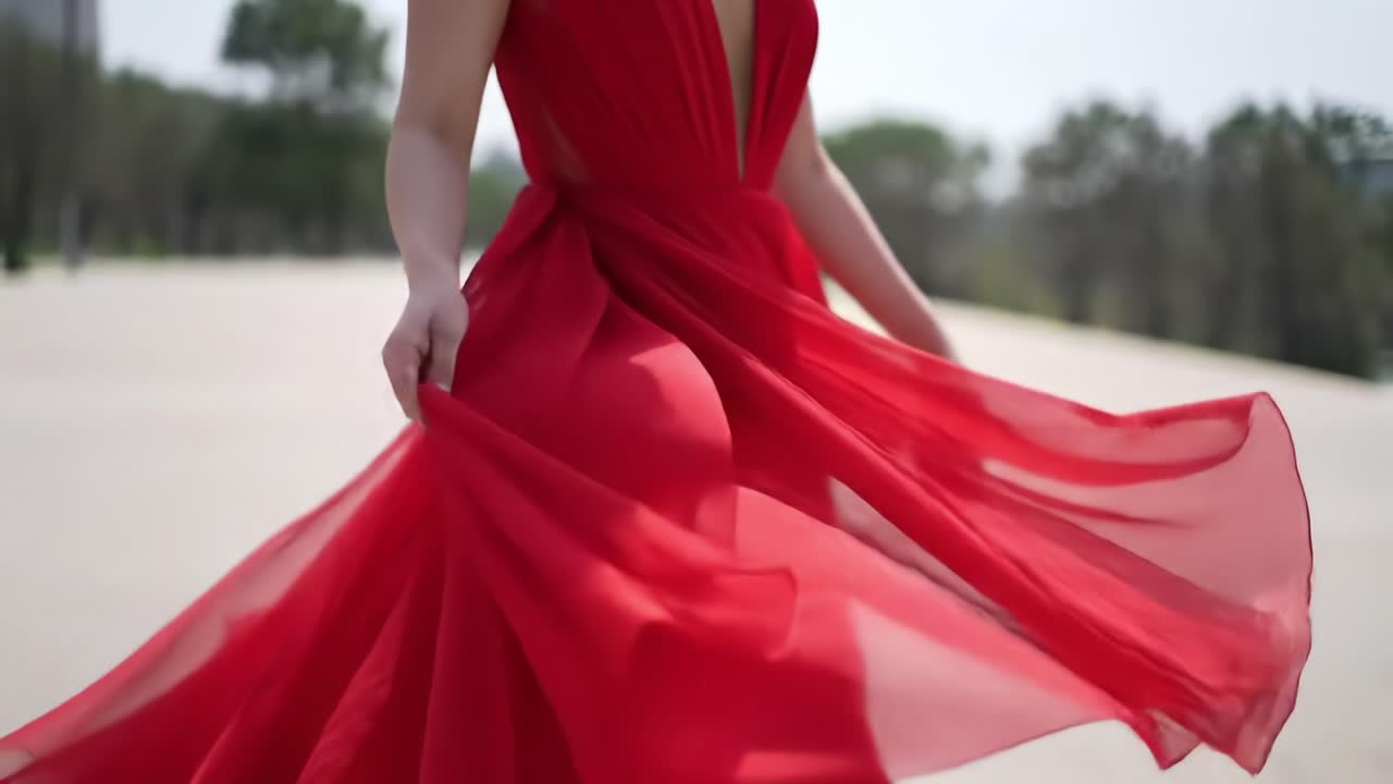 Elegantly Capturing the Graceful Movement of a Flowing Red Dress in a Breathtaking Outdoor Setting, Showcasing the Beauty of Fabric and Fashion
