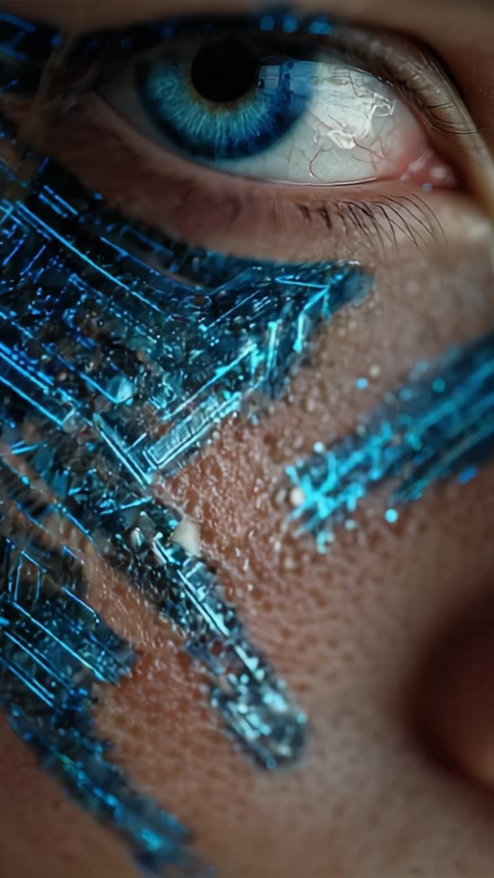 Primo piano di un occhio umano con tecnologia futuristica integrata, caratterizzato da scintillanti motivi blu e da una texture della pelle altamente dettagliata