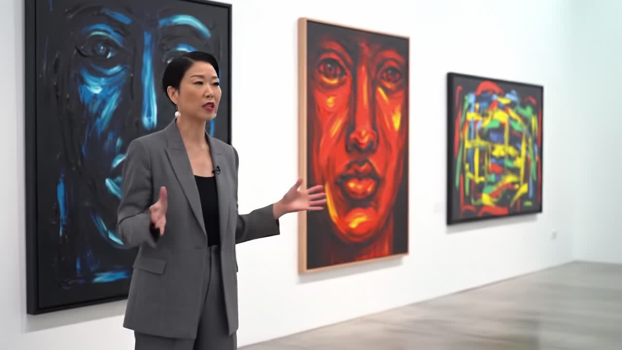 An Engaging Art Gallery Talk Featuring a Contemporary Curator Analyzing Striking Portraits in a Modern Exhibition Space