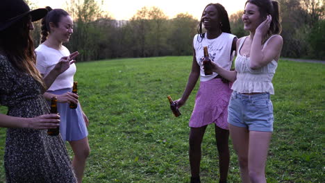 compañía de amigas multirraciales haciendo sonar botellas en el parque al atardecer