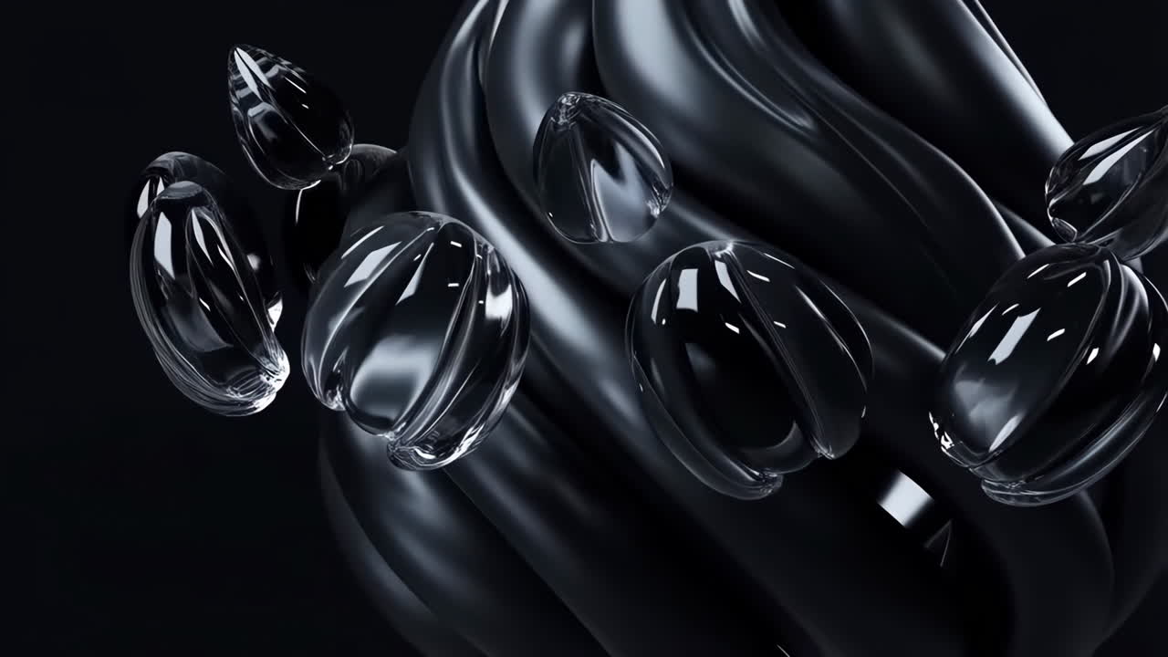 Abstract Dark Fluid with Glossy Transparent Shapes