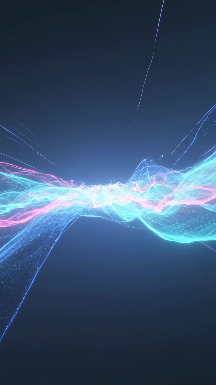 Vertical video: Crossing ribbons pulsing across navy void, lifting wireframe diamonds to form wave