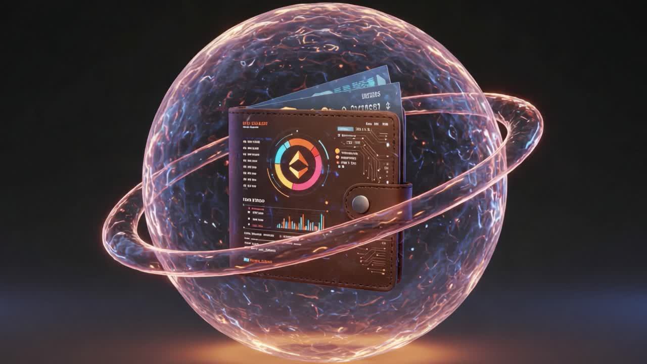 A Futuristic Digital Wallet Displaying Financial Data Within an Energetic Orb, Showcasing Innovations in Cryptocurrency and Blockchain Technology