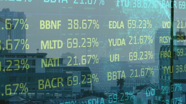 Animation of financial data and graphs over cityscape