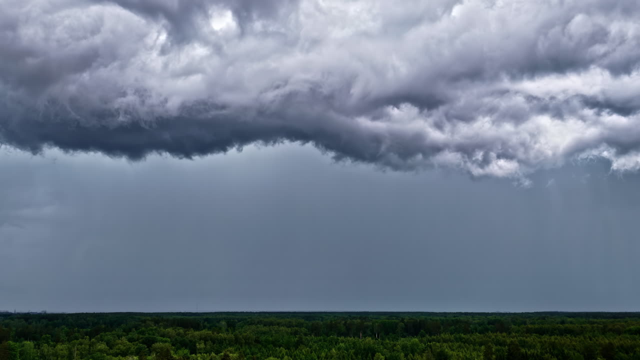 Dense storm clouds gather above a vast green forest as rainfall begins near Riga