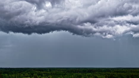 dense storm clouds gather above a vast green forest as rainfall begins near riga
