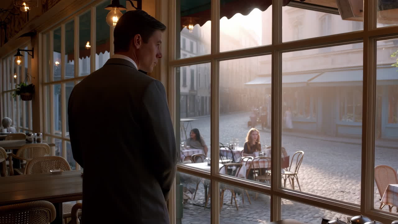 Man in a suit looking out from a cafe window at an outdoor street scene
