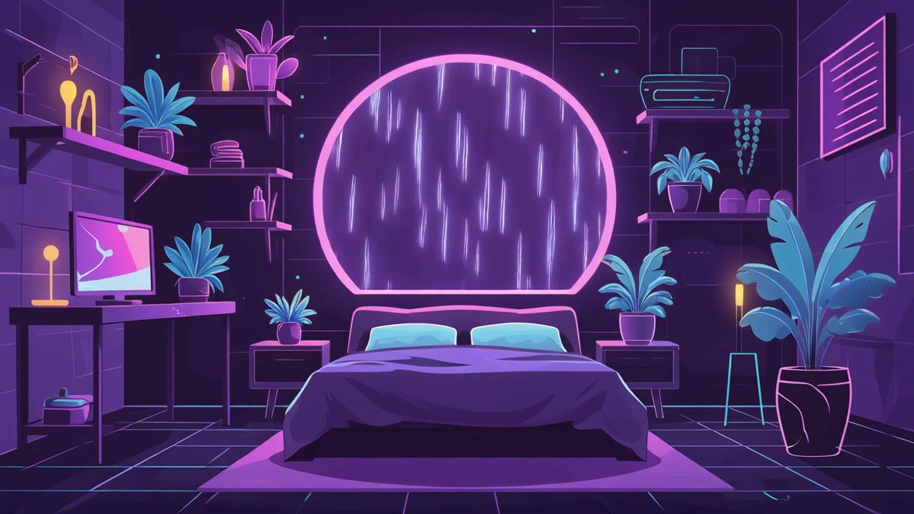 Interno di camera da letto animato con illuminazione al neon ed effetto pioggia
