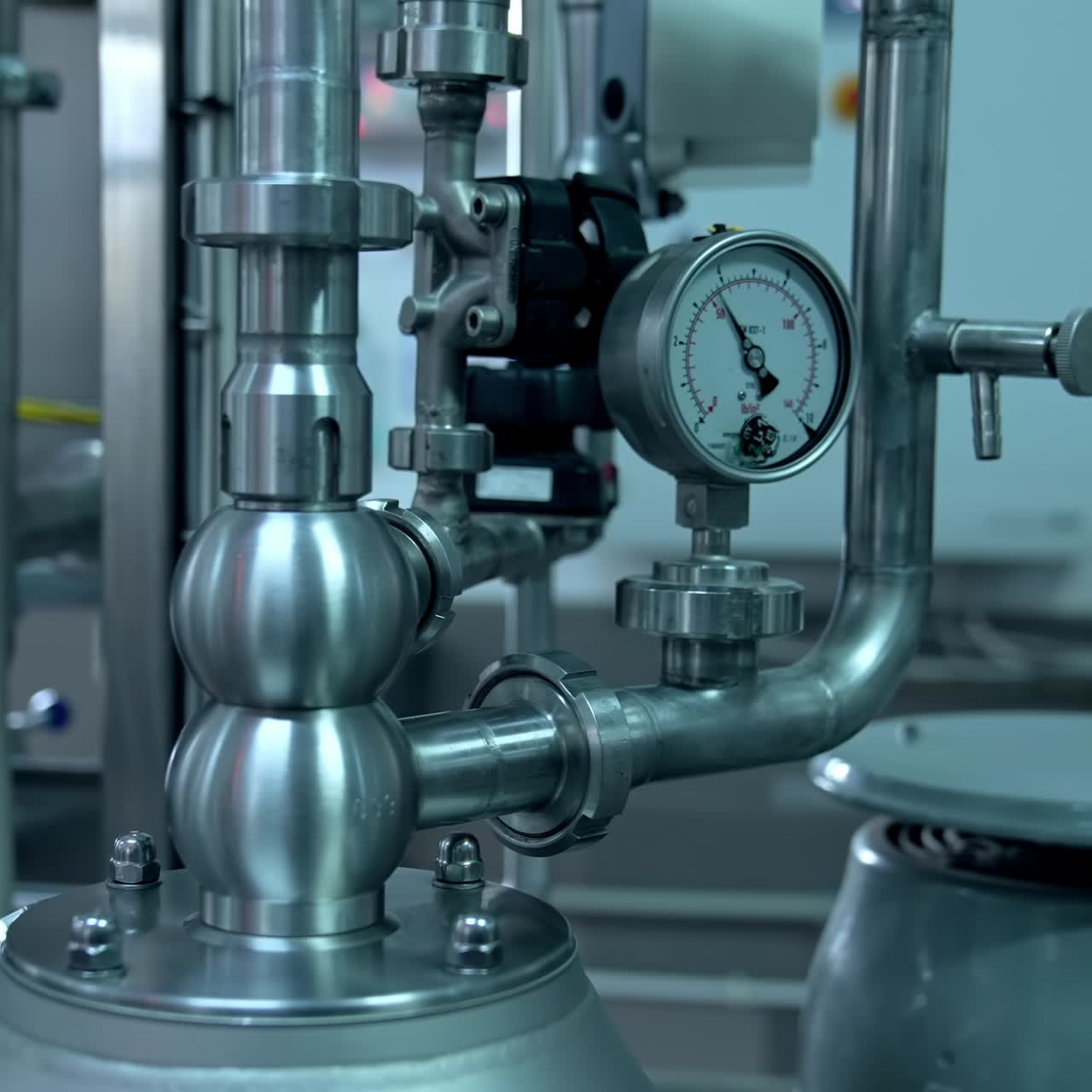 Steel pipe with pressure gauge leading to the metal tank. Equipping at modern dairy factory. Close up