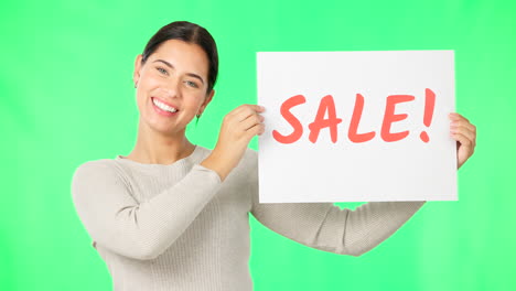 woman, face and sale sign on green screen