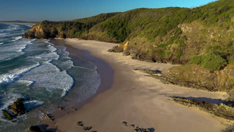 cinematic drone shot flying over trees towards sandy beach at broken head coast near byron bay