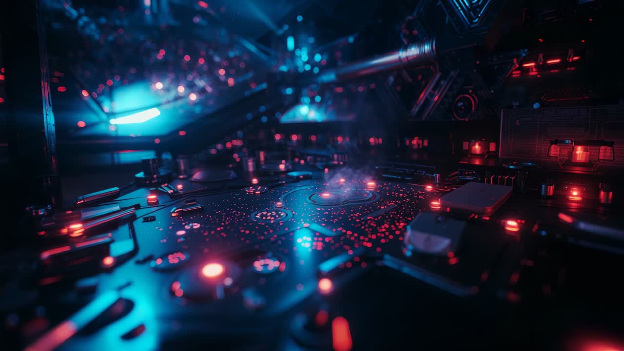 Camera sliding over etched circuit board at interior, revealing pulsing LEDs, haze, stylus hovering