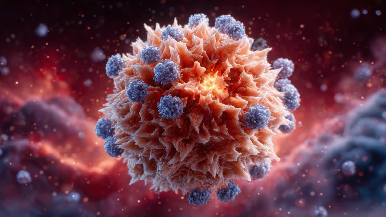 Detailed Visualization of a Microscopic Virus Structure, Showcasing Its Intricate Design and Surface Features, Illuminated Against a Vibrant Cosmic Background