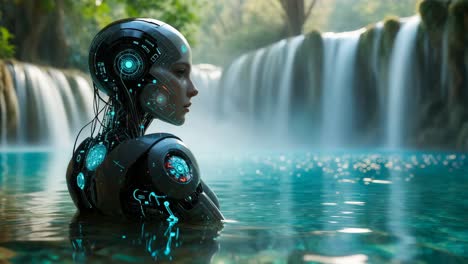 robot by a waterfall