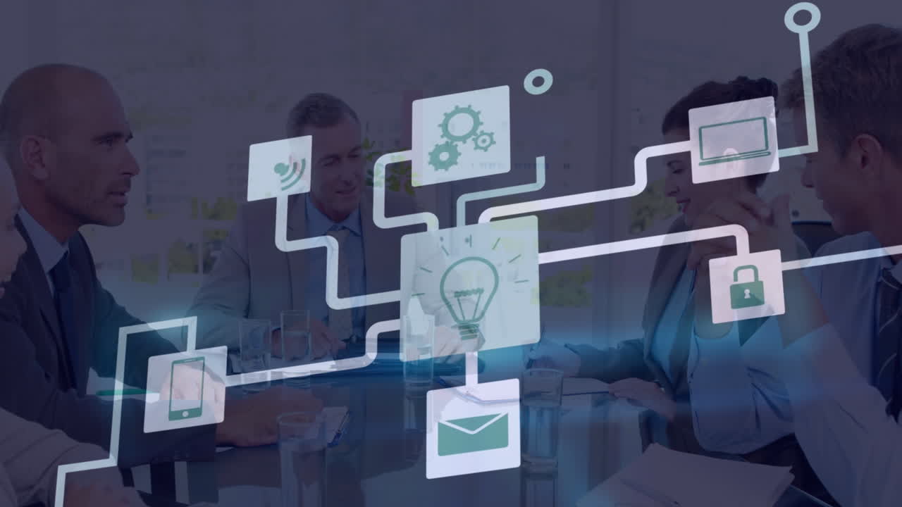Animation of network of digital icons against diverse businesspeople discussing at office
