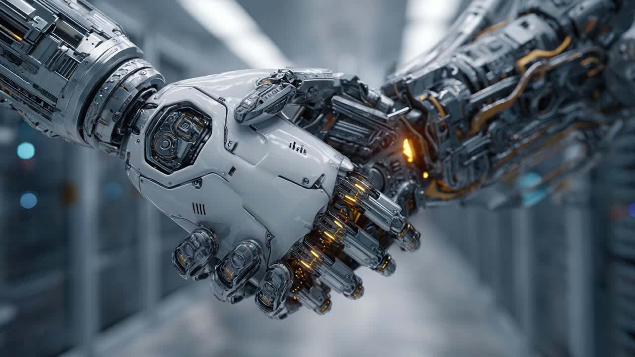 A Futuristic Encounter: Robotic Hands Join in Unity, Symbolizing Cooperation and Technological Advancement in a High-Tech Environment