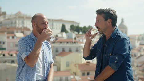 static shot of cheerful gay couple clinking glasses of champagne