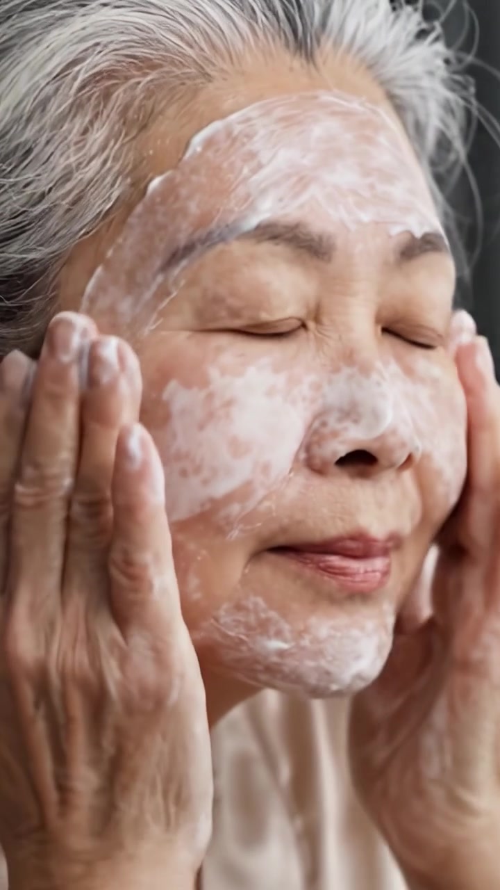 A Gentle Skincare Routine: An Older Woman Applying a Creamy Facial Cleanser on Her Skin While Embracing the Joy of Self-Care and Beauty Regimen