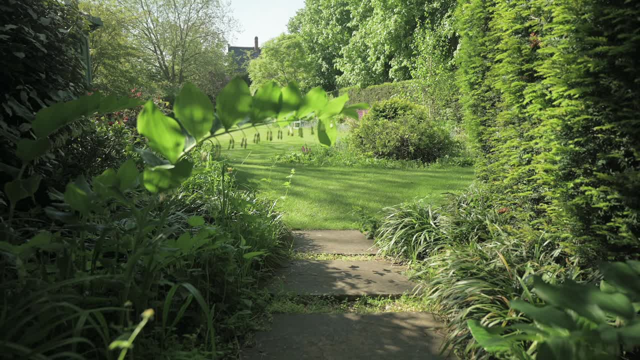 tiro bajo caminando hacia un jardín secreto lleno de flores y rodeado por un seto