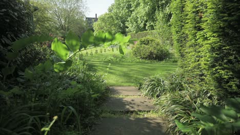 Low-Down-Schuss-Zu-Fuß-In-Einen-Geheimen-Garten-Voller-Blumen-Und-Umgeben-Von-Einer-Hecke