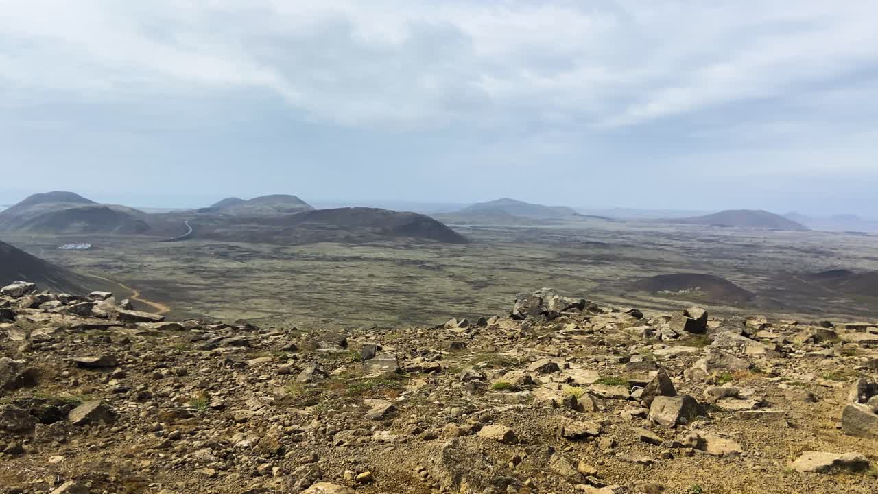 Solidified Lava trekking trail in Iceland, view from mountain top