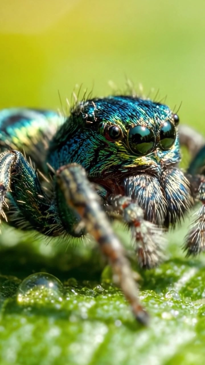 A Close-Up Exploration of a Spectacular Colorful Jumping Spider Highlighting Its Intricate Features and Vibrant Colors Against a Lush Green Background