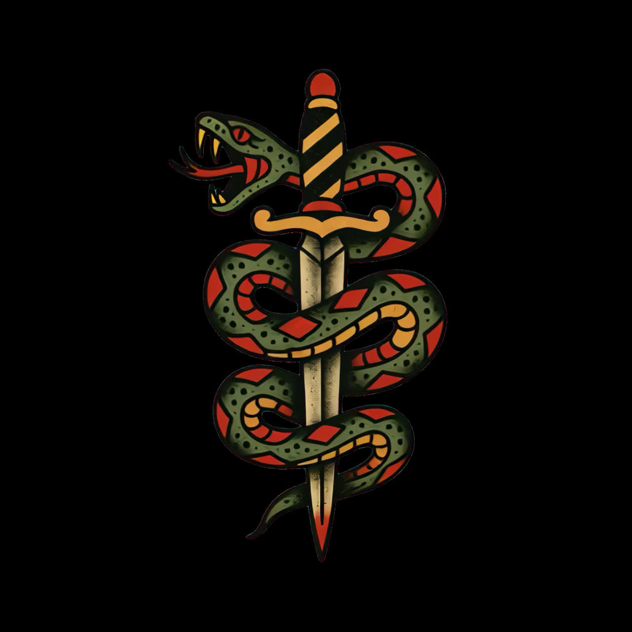 Vintage snake dagger tattoo design animation isolated asset, transparent 4K video, alpha channel