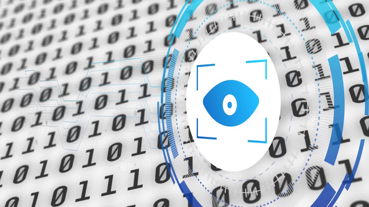 animación del procesamiento de datos con icono de ojo sobre fondo blanco