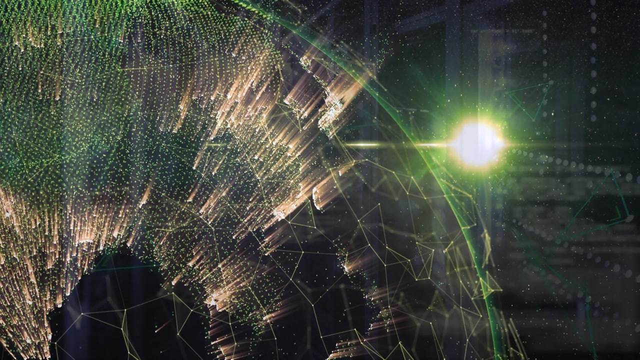 Animation of globe with lights and signals rotating over space and sun