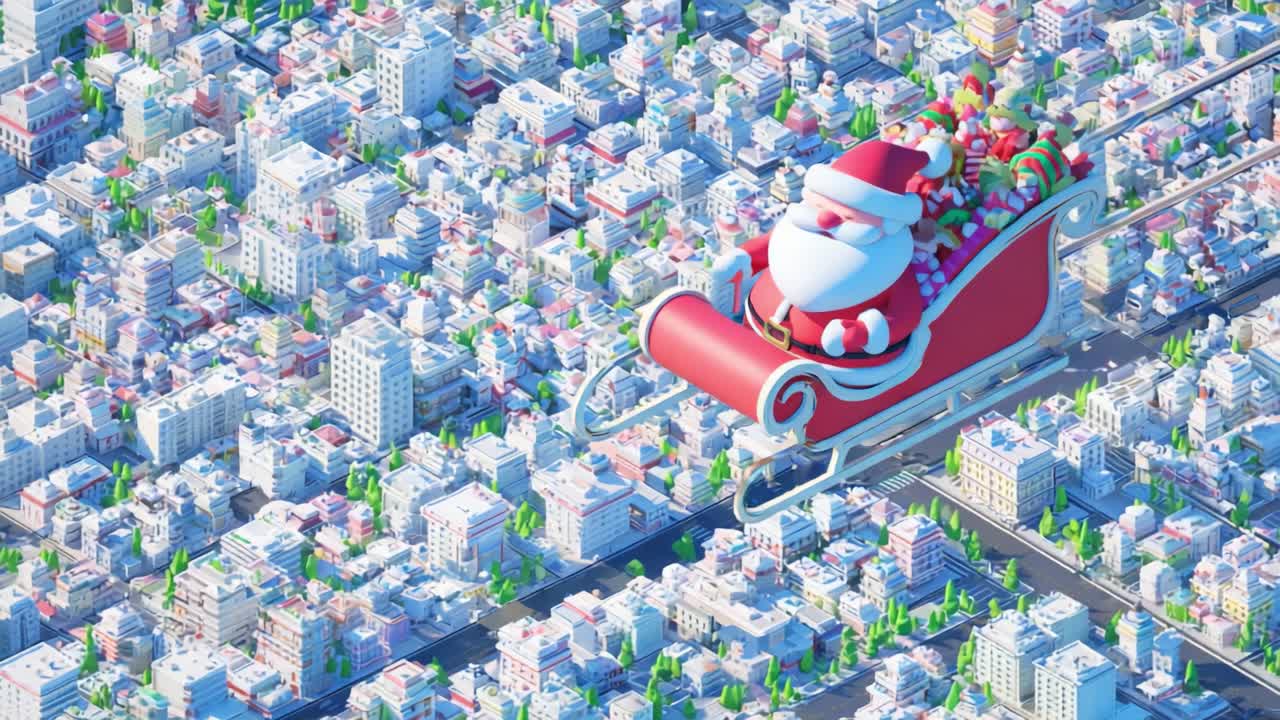 A festive scene depicting Santa Claus joyfully flying above a vibrant, bustling cityscape in his sleigh, delivering gifts during the magical holiday season, capturing the spirit of Christmas cheer