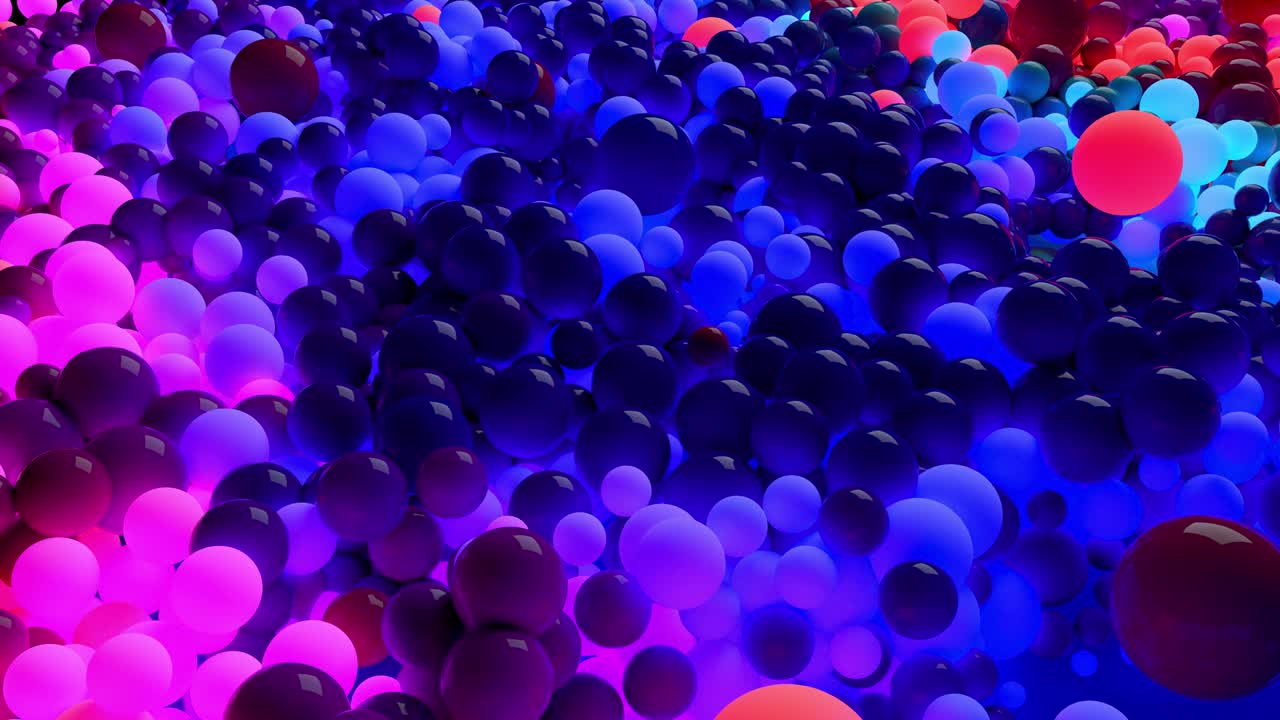 dark composition with colorful balls that cover the surface, some of which glow. 3d in 4k abstract background with flowing animation of spheres