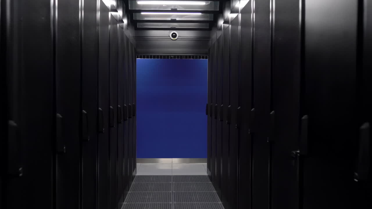 Connection, cyber network and data servers behind panels Cloud computing in a server room of a data center or ISP. Backup, mining, hosting, mainframe, farm, cloud and computer rack