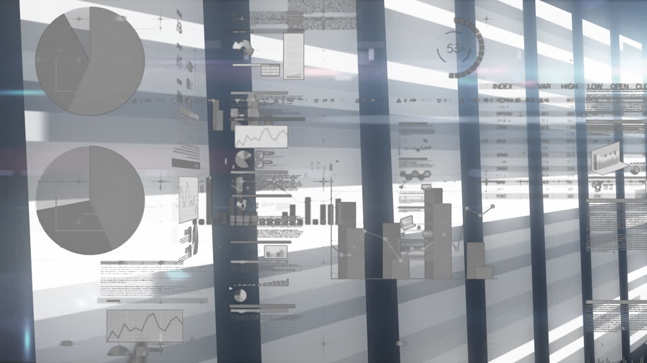 Animation of statistical data processing over moving light trails against blue background