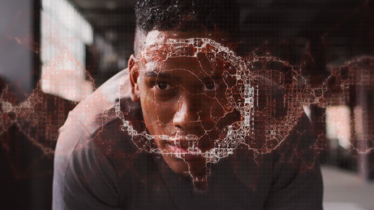 cerebro humano girando contra el retrato de un hombre afroamericano cansado