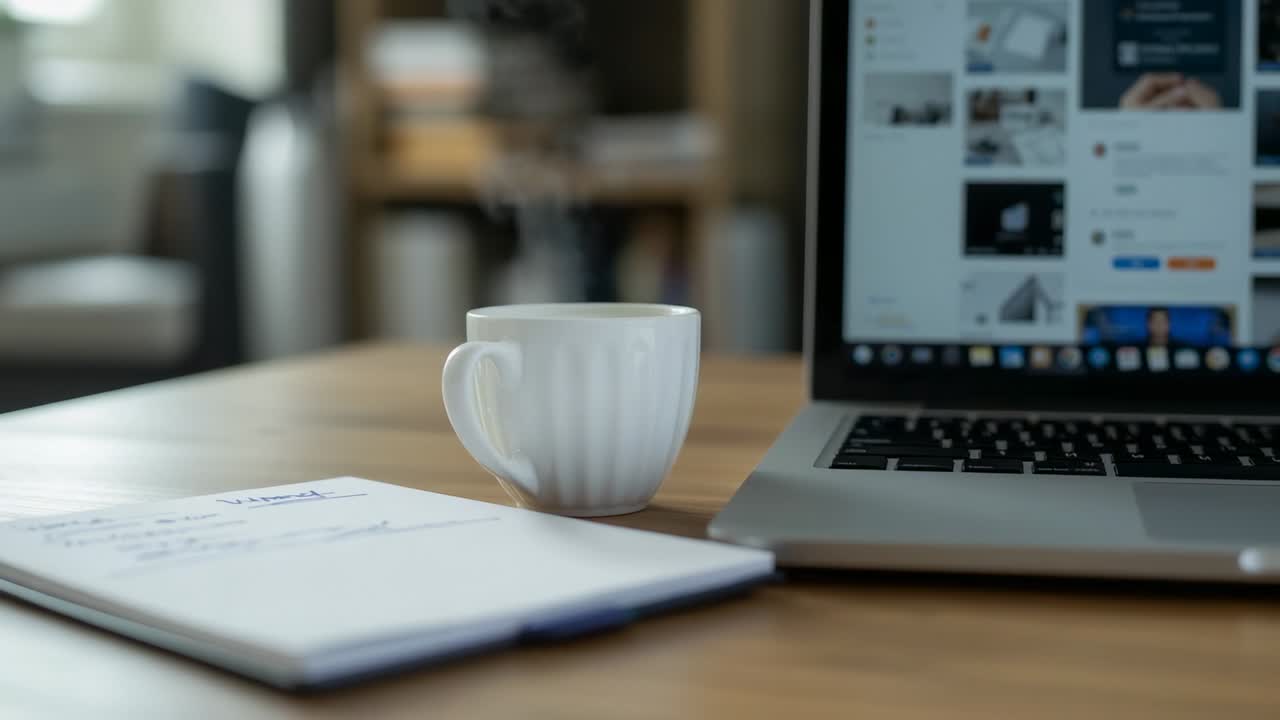 Camera capturing beverage cooling as steam rising from white mug on desk, with laptop, notebook