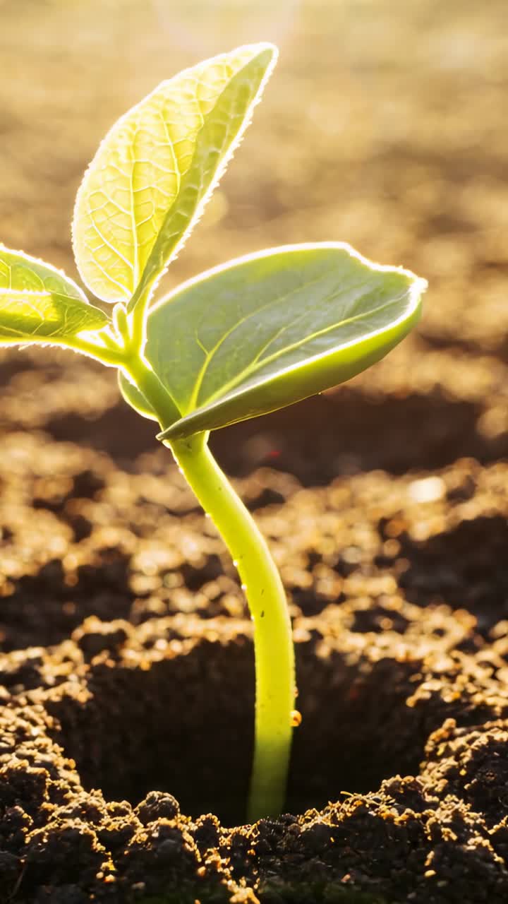 Piantina che germoglia nel terreno, acqua e calore che fanno crescere lo stelo, foglia che si dispiega al sole per l'agricoltura