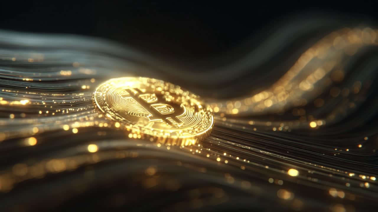 Bitcoin dorato brillante che si muove lungo cavi astratti in fibra ottica ondulata, a rappresentare le transazioni di valuta digitale, la tecnologia blockchain e il futuro della finanza decentralizzata e dell'e-commerce globale.