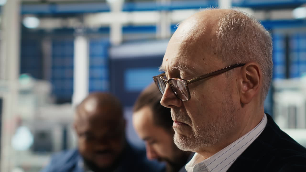 Industrial Plant Senior Manager Looking Over Paperwork Files