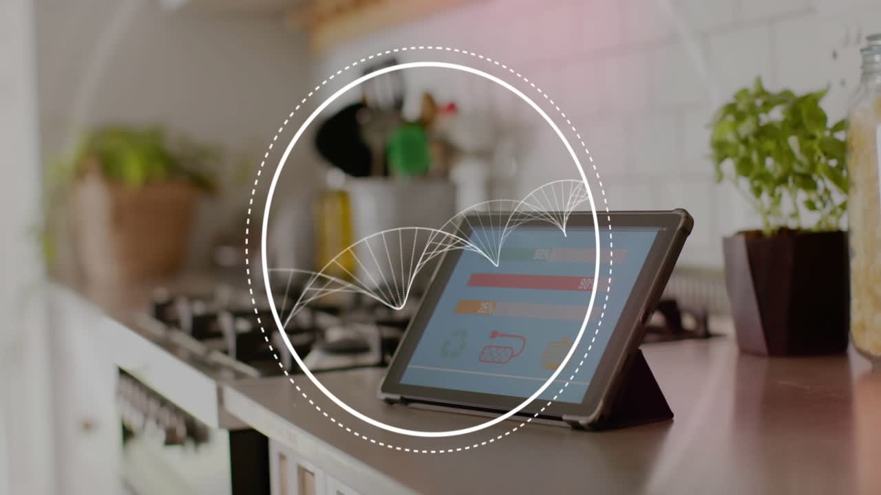 HUD being triggered by white dotted circle, animating over tablet, waveform forming to showcase app