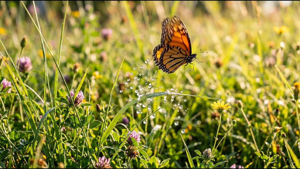 Farfalla monarca nell'erba di un prato soleggiato. Filmato di natura con farfalla generata dall'IA.