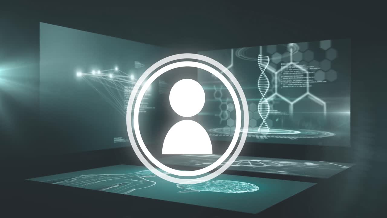 Animation of media icon and data processing on black background