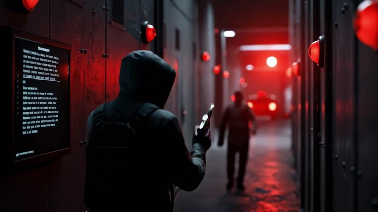 A tense confrontation unfolds in a dimly lit alley, where an armed figure lurks among the shadows of the urban night