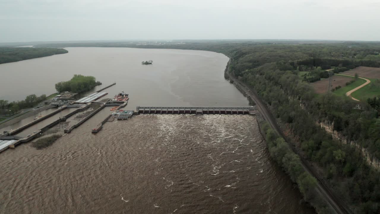 Lock and Dam 2 hydroelectric power station in Hasting, Minnesota. Aerial