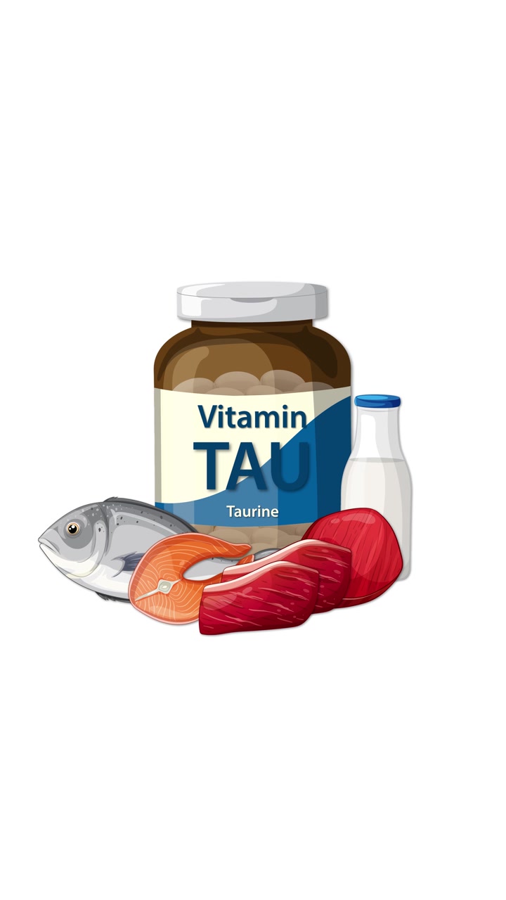 Flacone di integratore di taurina con pesce, carne, latte e salmone, isolato su sfondo bianco.